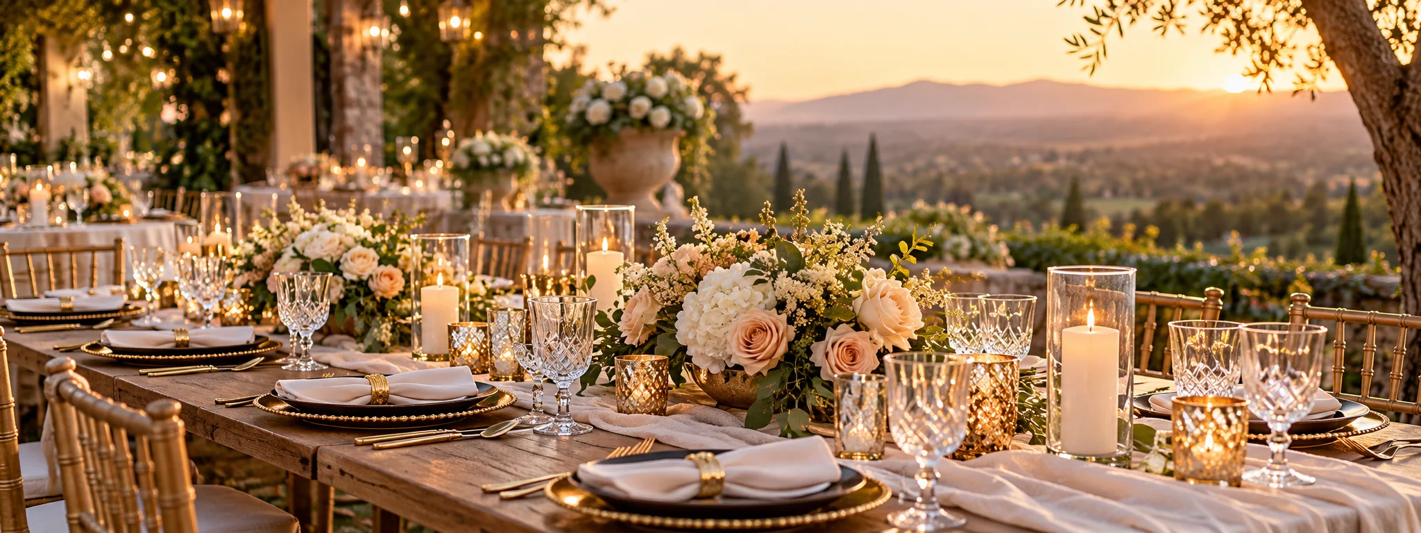 Elegant event tablescape at golden hour